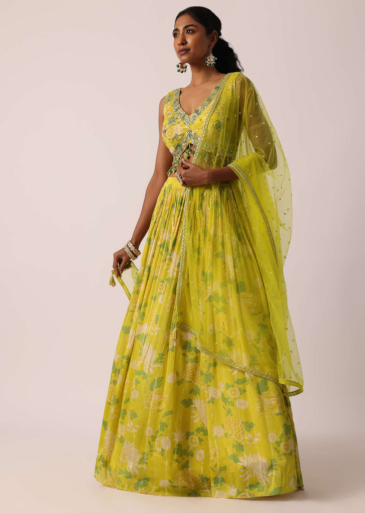 Yellow Printed Lehenga Set With Gota Patti Work