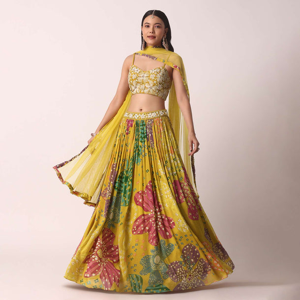 Yellow Printed Lehenga Set With Embroidery