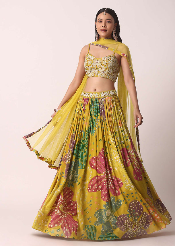 Yellow Printed Lehenga Set With Embroidery