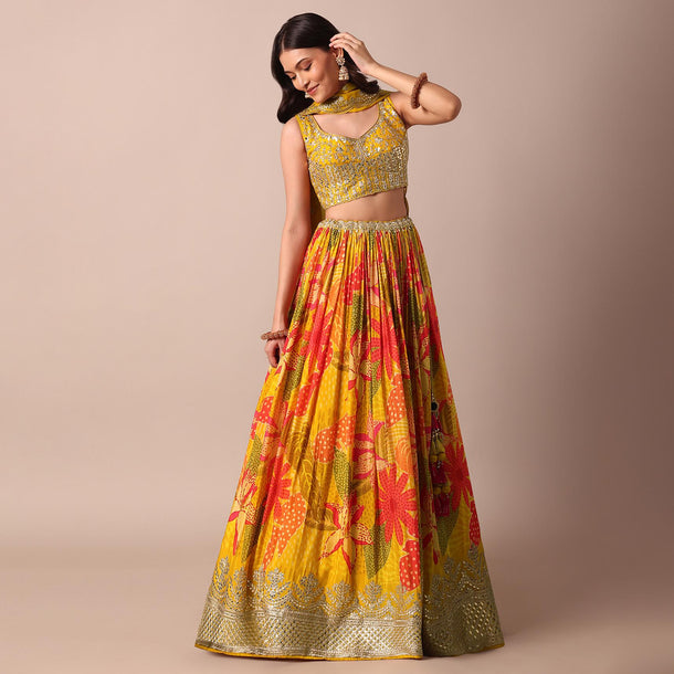 Yellow Printed Lehenga With Gotta Patti Choli And Dupatta Set