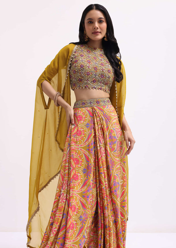 Yellow Printed Net Crop Top Set With Jacket