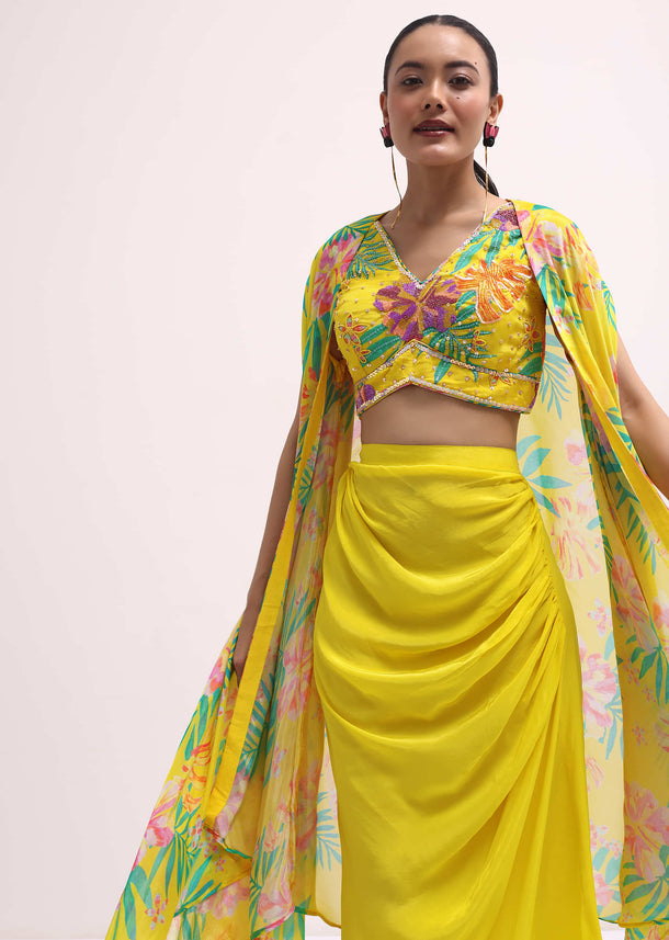 Yellow Printed Satin Crop Top And Skirt Set
