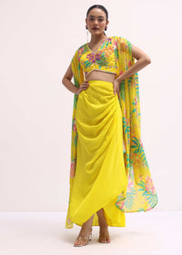 Yellow Printed Satin Crop Top And Skirt Set