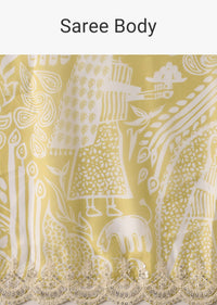 Yellow Printed Satin Saree With Embroidered Detail And Unstitched Blouse Piece