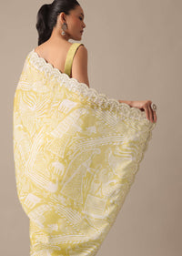 Yellow Printed Satin Saree With Embroidered Detail And Unstitched Blouse Piece