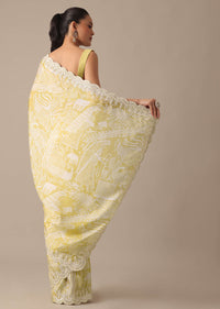 Yellow Printed Satin Saree With Embroidered Detail And Unstitched Blouse Piece