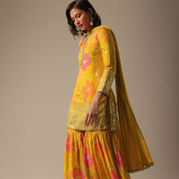 Yellow Printed Sharara Set With Gotta Patti Kurta
