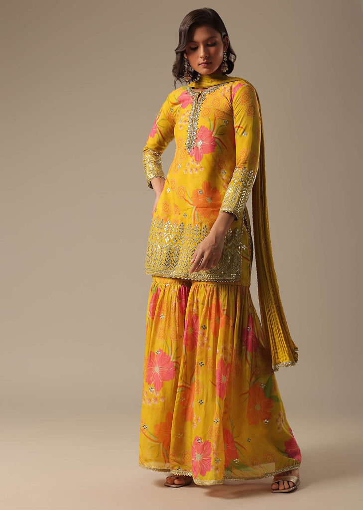 Yellow Printed Sharara Set With Gotta Patti Kurta