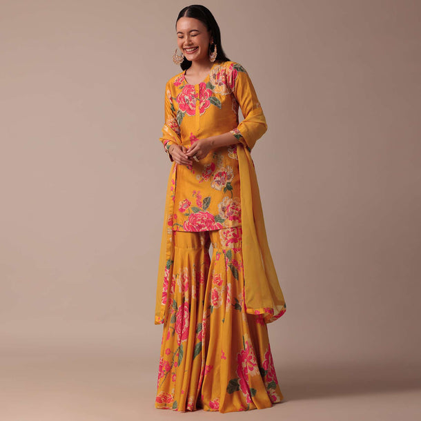 Yellow Printed Sharara Set With Sequin Work