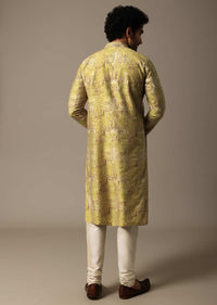 Yellow Printed Silk Kurta Set For Men