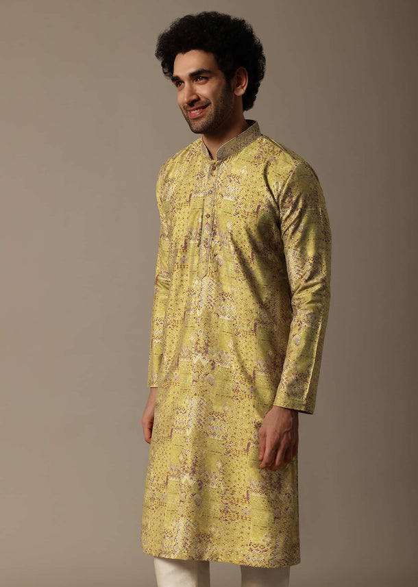 Yellow Printed Silk Kurta Set For Men