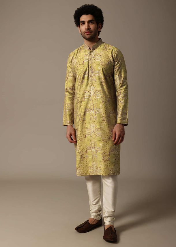 Yellow Printed Silk Kurta Set For Men
