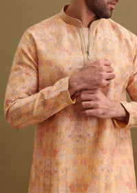 Yellow Printed Silk Zipper Kurta Set For Men