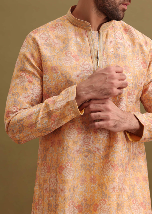 Yellow Printed Silk Zipper Kurta Set For Men