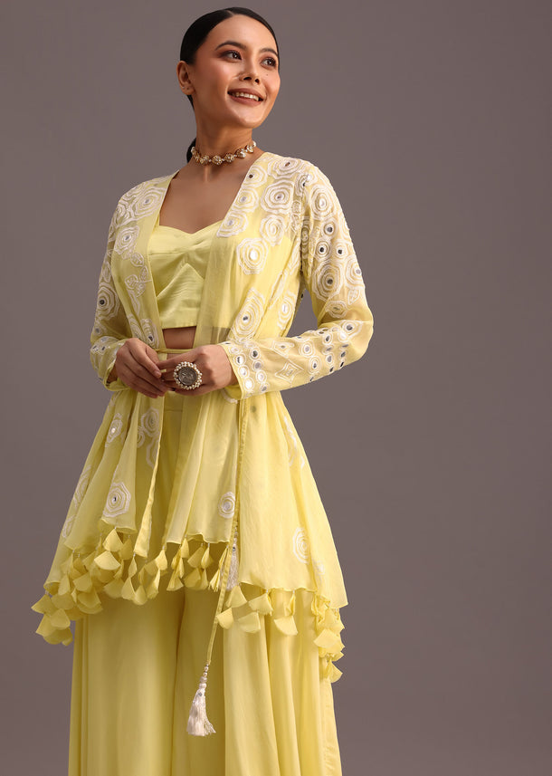 Yellow Resham Work Jacket And Croptop Palazzo Set