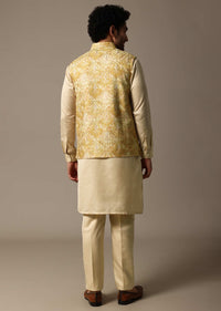 Yellow Resham Work Kurta Jacket Set For Men