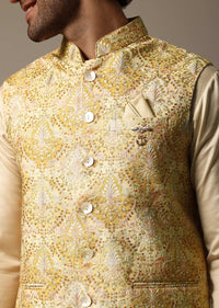 Yellow Resham Work Kurta Jacket Set For Men
