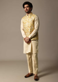 Yellow Resham Work Kurta Jacket Set For Men