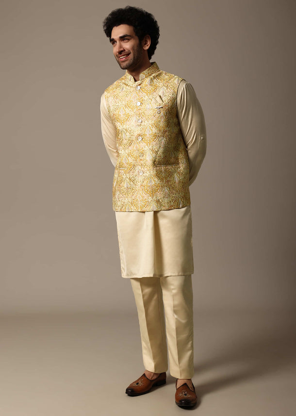 Yellow Resham Work Kurta Jacket Set For Men