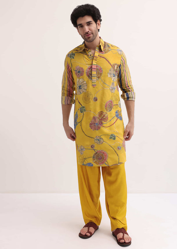 Yellow Resham Work Kurta Patiala Set For Men