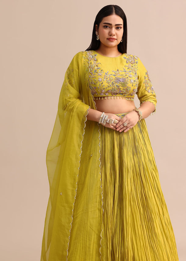 Yellow Ruched Lehenga With Embroidered Blouse And Dupatta