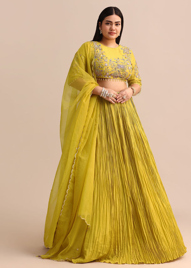 Yellow Ruched Lehenga With Embroidered Blouse And Dupatta