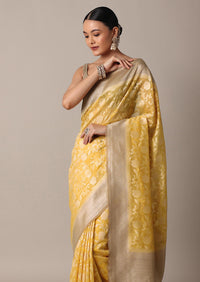 Yellow Saree In Cotton Chanderi With Zari Floral Motifs And Unstitched Blouse Piece