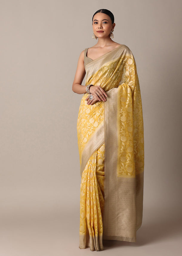 Yellow Saree In Cotton Chanderi With Zari Floral Motifs And Unstitched Blouse Piece