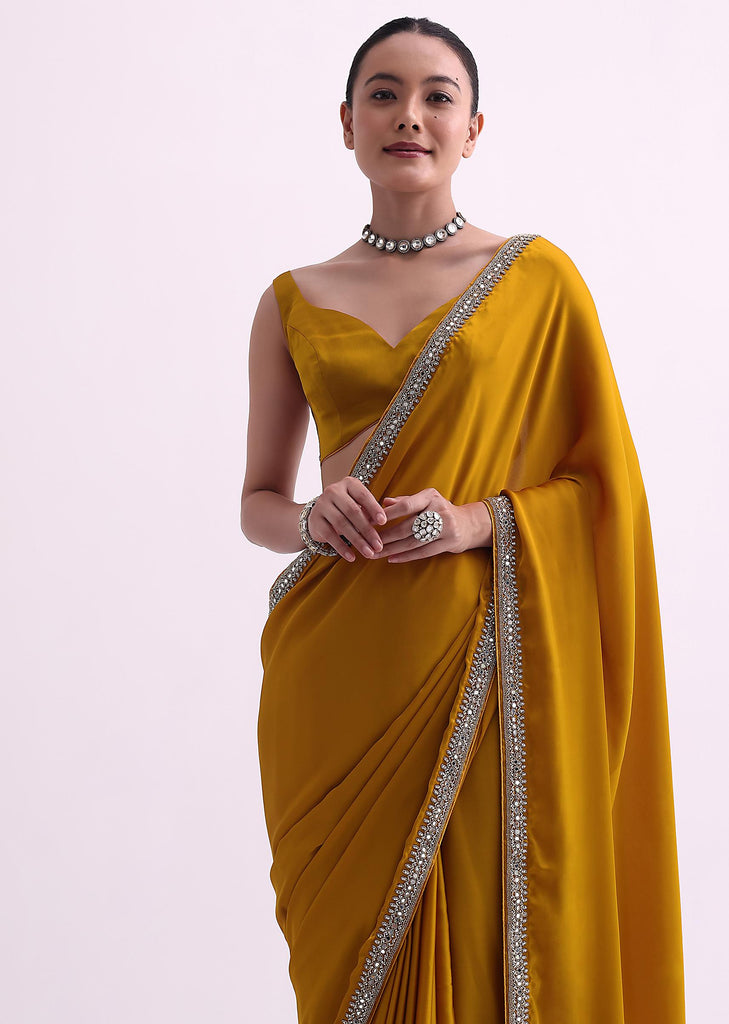 Yellow Saree In Satin With Mirror Work And Unstitched Blouse Fabric