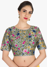 Yellow saree in silk with ready stitched blouse beautified in resham and cut dana work only on Kalki