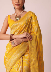 Yellow Saree With Floral Brocade Weave And Unstitched Blouse Piece