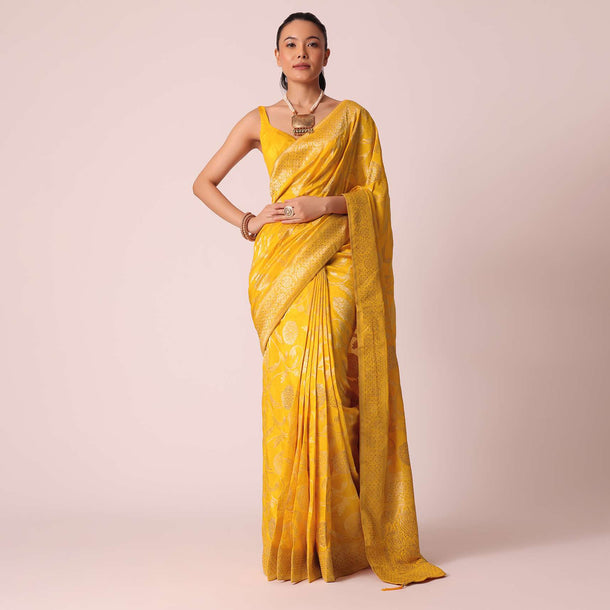 Yellow Saree With Floral Brocade Weave And Unstitched Blouse Piece