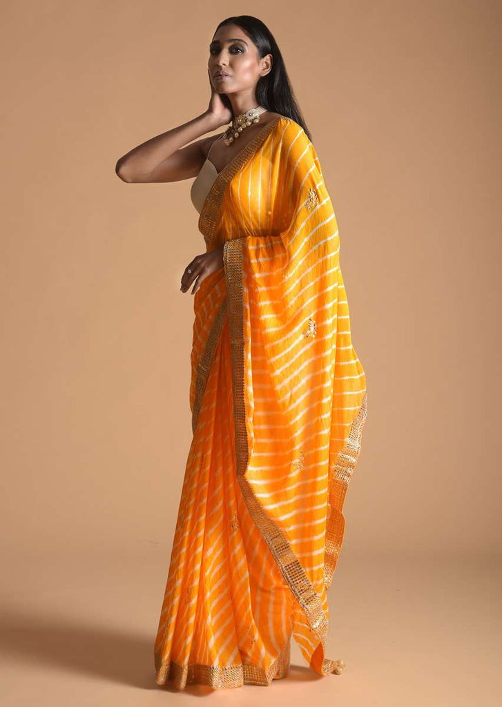 Yellow Saree With Lehariya Print And Gotta Patti Embroidered Buttis And Border Online - Kalki Fashion