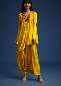 Yellow Satin Kurta And Dhoti Set