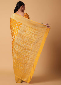Yellow Satin Organza Saree With Moroccan Style Jaal And Unstitched Blouse Piece