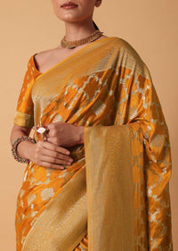 Yellow Satin Organza Saree With Moroccan Style Jaal And Unstitched Blouse Piece