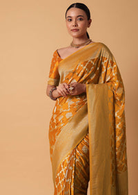 Yellow Satin Organza Saree With Moroccan Style Jaal And Unstitched Blouse Piece