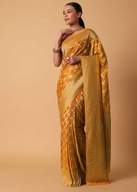 Yellow Satin Organza Saree With Moroccan Style Jaal And Unstitched Blouse Piece