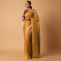 Yellow Satin Organza Saree With Moroccan Style Jaal And Unstitched Blouse Piece