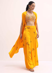 Yellow Satin Palazzo Set With Jacket