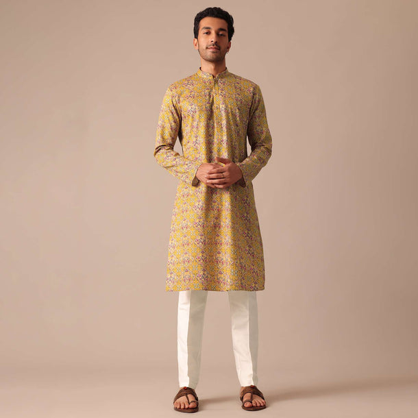 Yellow Satin Printed Kurta Set