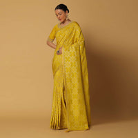 Yellow Satin Saree With Geometric Motifs And Unstitched Blouse Fabric