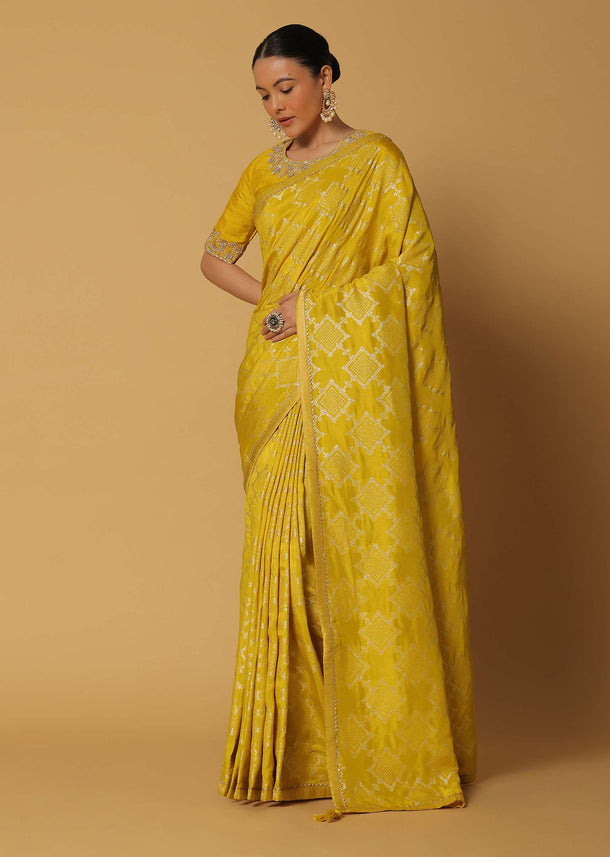 Yellow Satin Saree With Geometric Motifs And Unstitched Blouse Fabric