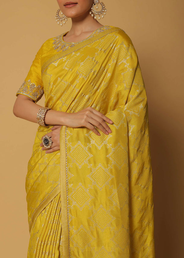 Yellow Satin Saree With Geometric Motifs And Unstitched Blouse Fabric