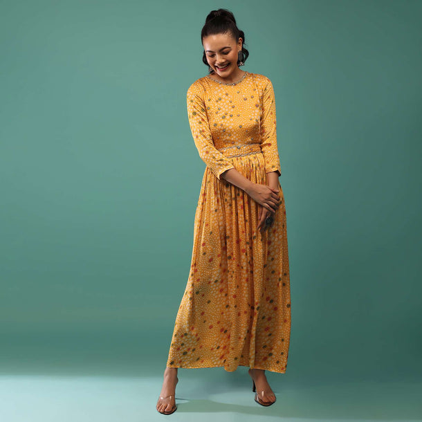 Yellow Satin Silk Jumpsuit With Floral Prints