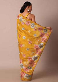 Yellow Semi Tussar Silk Saree With Resham Thread Artistry
