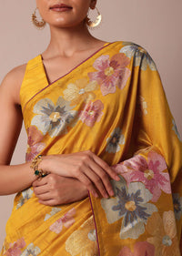 Yellow Semi Tussar Silk Saree With Resham Thread Artistry