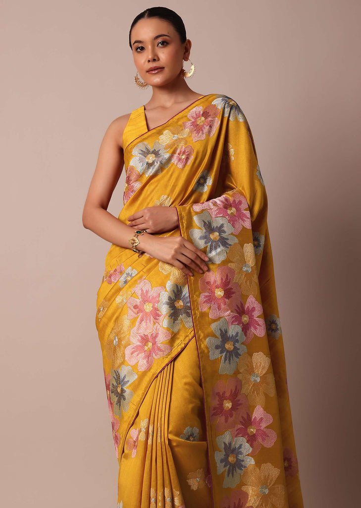 Yellow Semi Tussar Silk Saree With Resham Thread Artistry