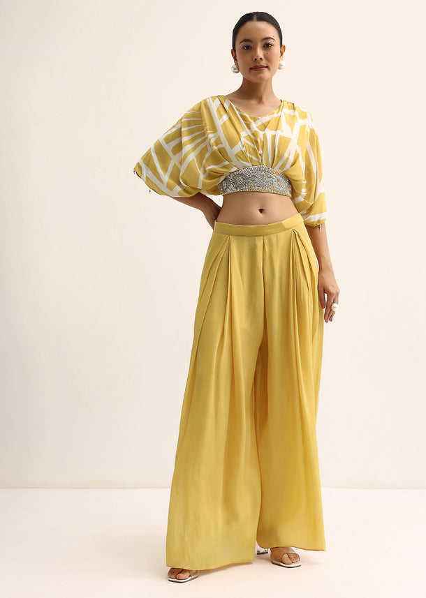 Yellow Sequin Crop Top And Palazzo Set