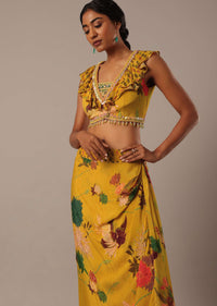 Yellow Sequin Embellished Blouse And Printed Dhoti Set